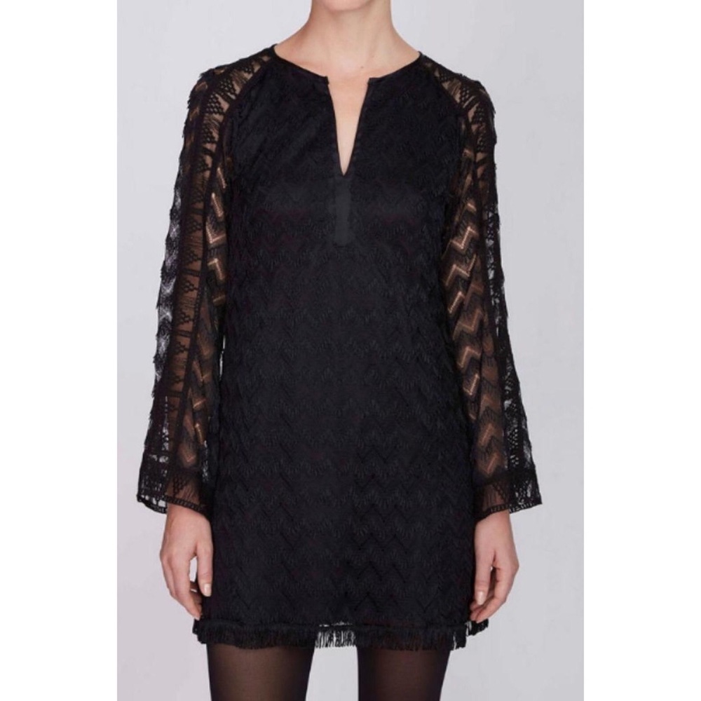 Nanette Lepore Womens Coquette Tunic Dress Black Lace Fringe Long Sleeve size XS